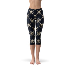 Skull Print Capris For Women Black Capri Leggings All Over Print With Skull and Crossbones, Perfect For Pirate Pants Or Capri Yoga Pants image 5