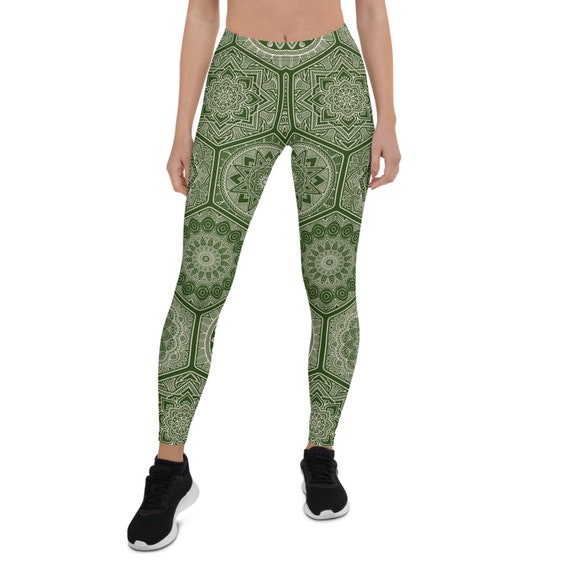 Green Mandala Legging for Women Mid Waisted Workout Pants Floral Mandalas  Sacred Geometry Perfect for Running, Yoga, Crossfit 