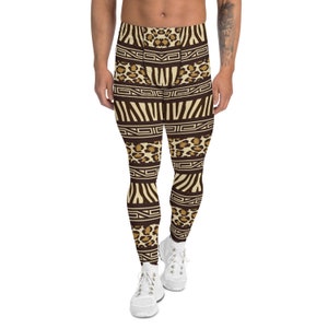 May include: Brown and tan patterned leggings with a geometric and animal print design.