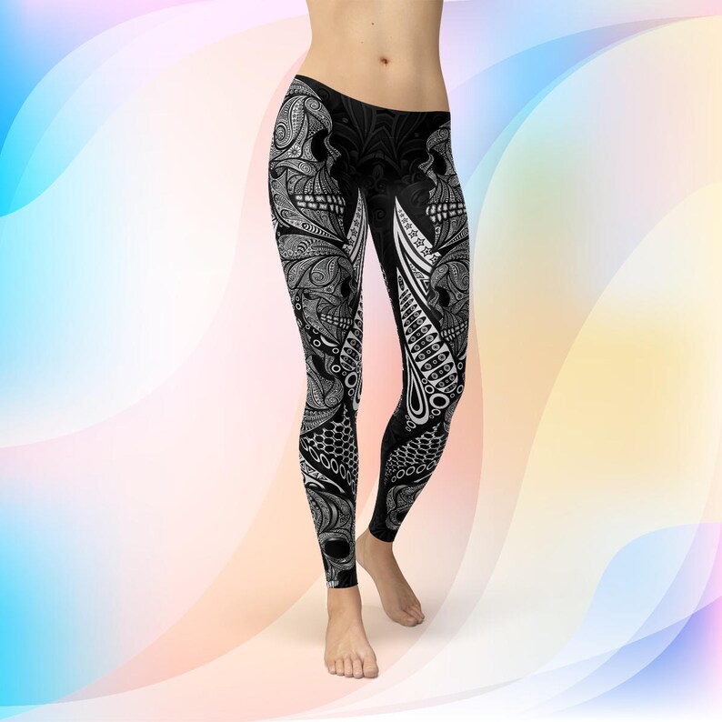 Day of the Dead Skeleton Skull Prints Cinco De Mayo Ornament Pattern Black and White Skull Leggings Skull Ornaments Ornamental Skull