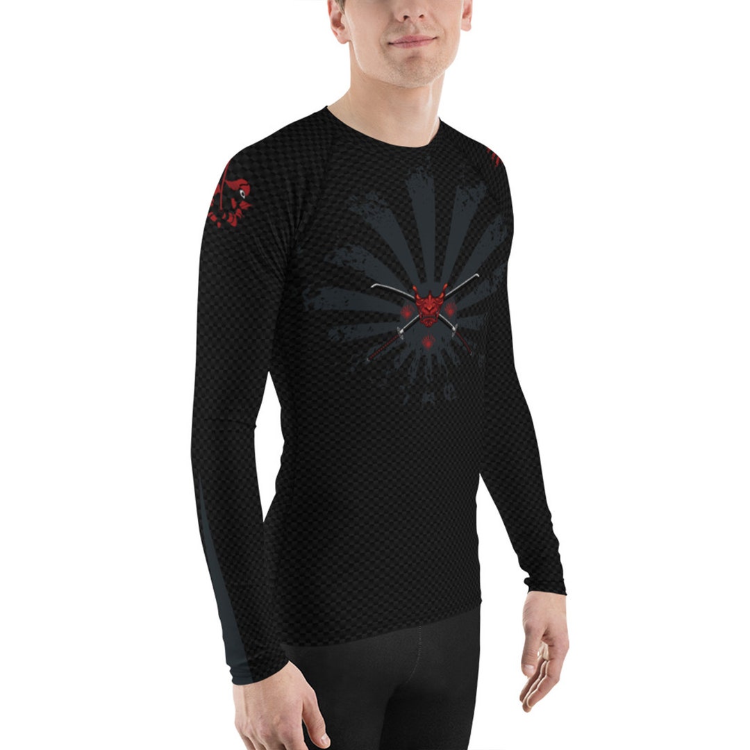 Mens Rash Guard - Japanese Samurai Mask With Carbon Fiber Long Sleeve ...