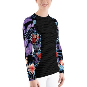 Women's Long Sleeve Rash Guard - Bird of Paradise Hawaii Print With Honeycomb Print Beach / Surf/ Swim / BJJ Rashie Sun Protection UPF Shirt