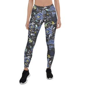 Oriental Floral Leggings for Women Beautiful Flower Pattern Print on Dark Gray Mid Waisted Workout Pants Perfect for Yoga, Crossfit, Running