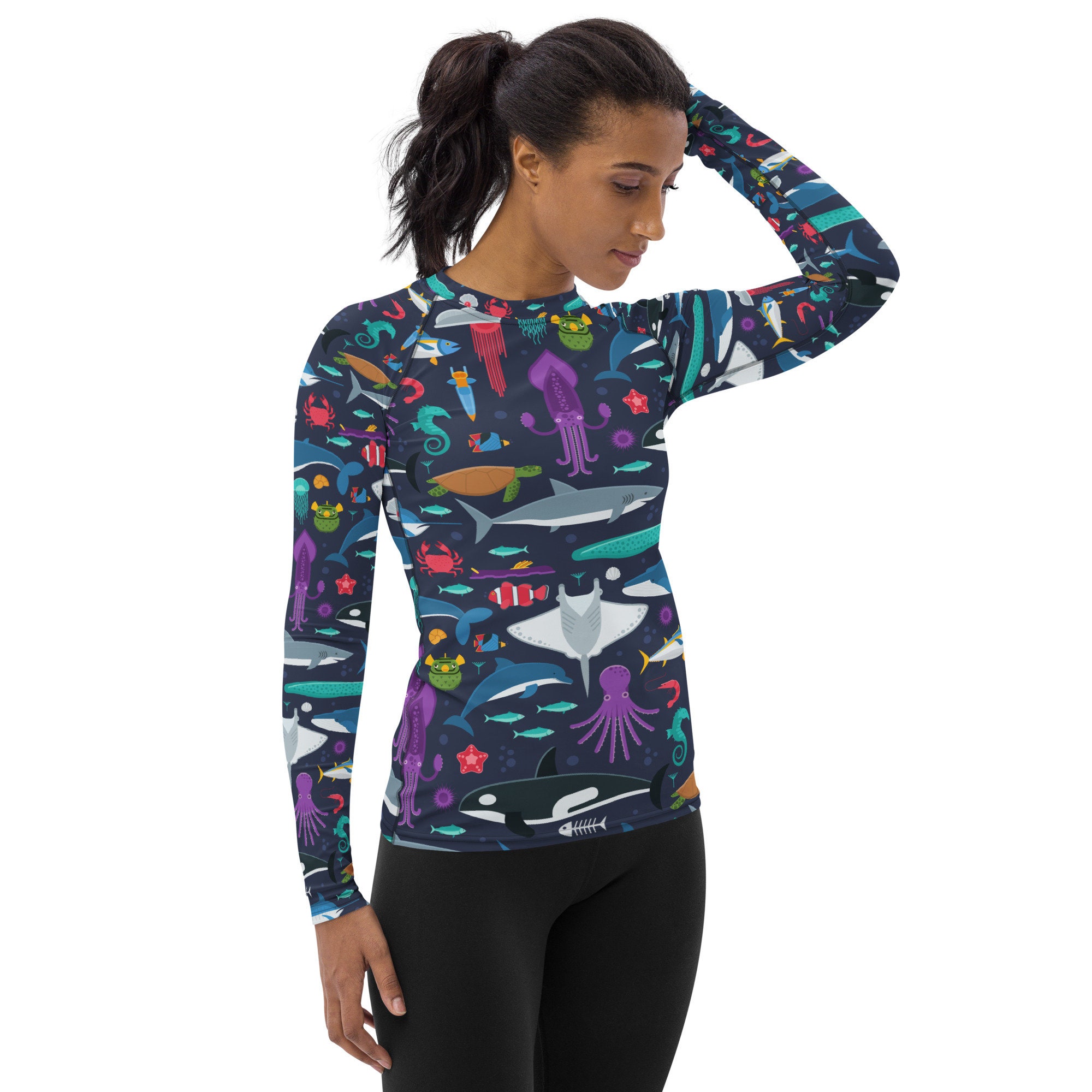 Under the Sea Long Sleeve Rash Guard for Women Ocean Creatures Design ...