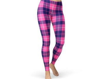 Buffalo Plaid Leggings For Women - Leggings stampati da donna con linee a righe viola e rosa Leggings sportivi perfetti per yoga, corsa, palestra