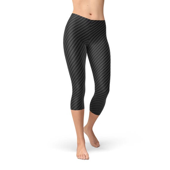 Black Carbon Fiber Capri Leggings Black Print Pattern Leggings