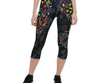 Music Notes Capri Leggings For Women - Black Capri Leggings with Musical Notes Print Patterned Capri Leggings Black Yoga, Workout, Gym Pants