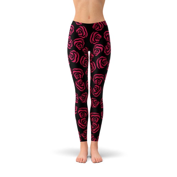 Valentines Day Rose Leggings for Women Printed Black Leggings With Red  Roses All Over Print Non See Through Squat Approved Yoga Leggings 