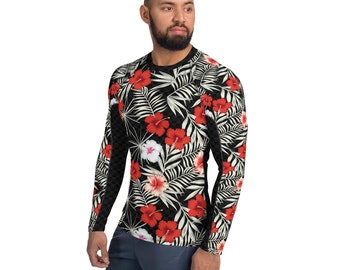 Tropical Floral Long Sleeve Rash Guard per Uomo Hibiscus Flower Pattern Stampa Protezione Solare - UPF Swim Shirt Perfetta per surf, MMA, BJJ