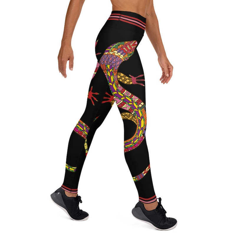 High Waisted Womens Black Yoga Pants with Colorful Tribal Lizard Print Perfect for Running and Crossfit Lizard Yoga Leggings for Women