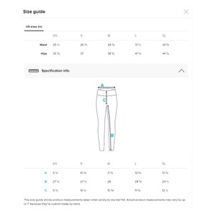 Puede incluir: Gu&iacute;a de tallas para leggings con medidas en pulgadas para la cintura y las caderas, y en pulgadas para la entrepierna, la altura y la longitud. Las medidas se toman cuando la prenda se coloca plana. La imagen muestra un par de leggings negros con un contorno blanco.