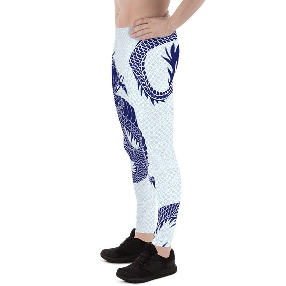Japanese Dragon Leggings for Men Navy Blue Print in Tattoo Style