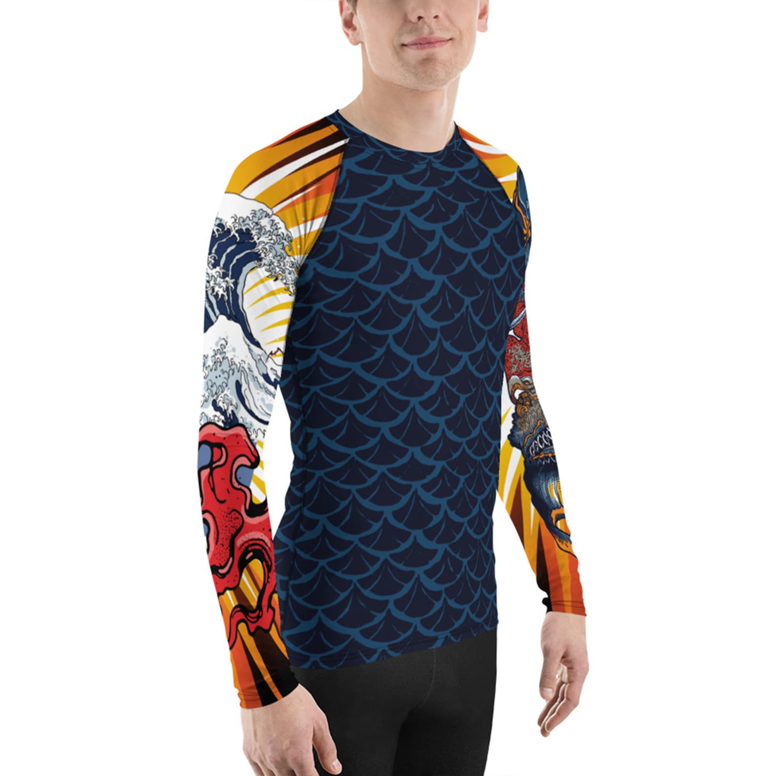 Fish Pattern Rash Guard Mens Koi Fish Scale Rash Guard – Japanese Tattoo Design, UPF 38+ Sun ...