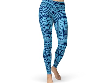 Leggings bleus tatouage maori - collants d'entraînement à imprimé polynésien