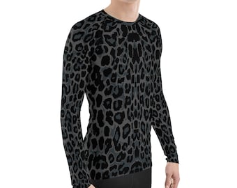 Black Leopard Spots Rash Guard For Men - Mens Long Sleeve Rashie with All Over Panther Spots Pattern Print - Sun Protection UPF Swim Shirt