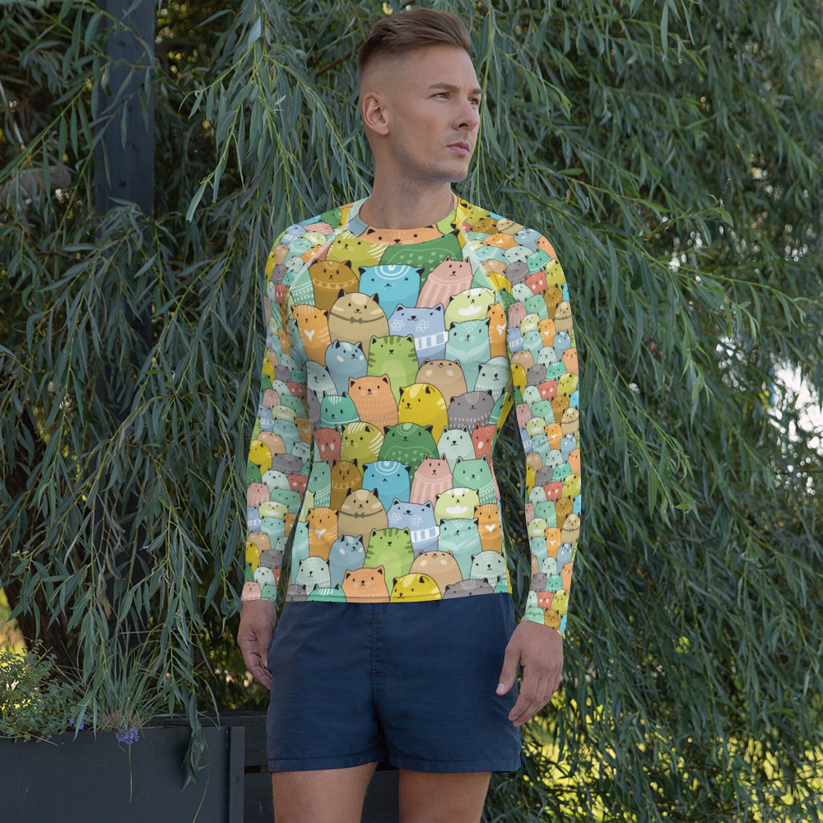 Mens Cat Rash Guard All Over Print Cute Colorful Cats Long - Etsy