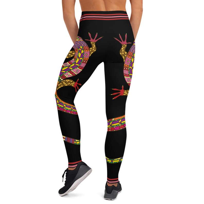 High Waisted Womens Black Yoga Pants with Colorful Tribal Lizard Print Perfect for Running and Crossfit Lizard Yoga Leggings for Women