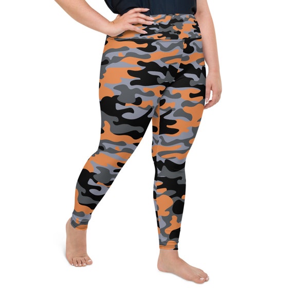 Gray and Orange Camouflage Plus Size Leggings for Women High