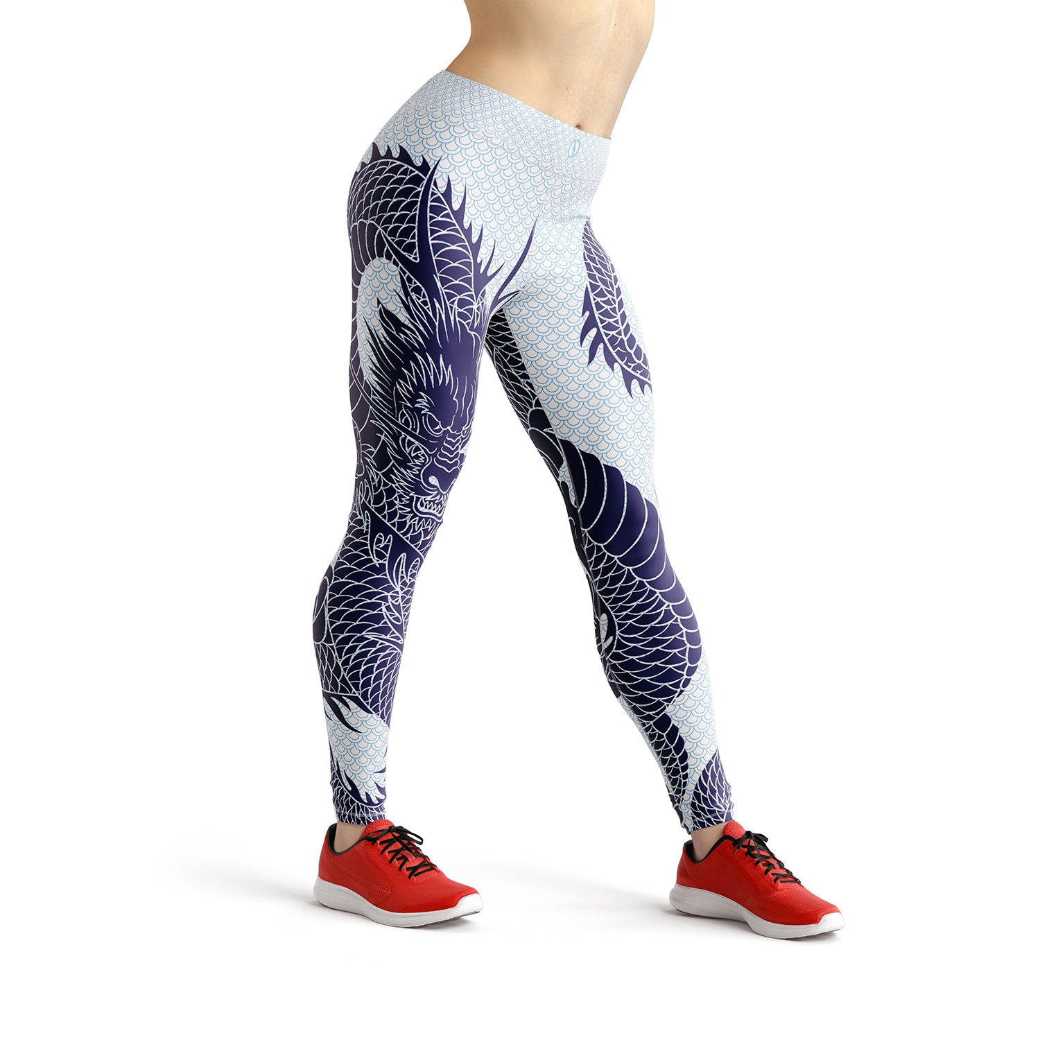 Japanese Dragon Yoga Leggings for Women High Rise Waist Full Length Workout  Pants Feat Navy Blue Tattoo Design With Scales Perfect for Gym 