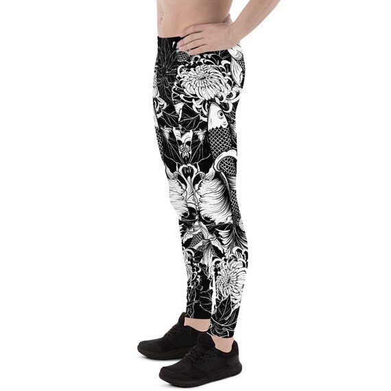Koi Fish Tattoo Leggings for Men Black and White Japanese Fighting