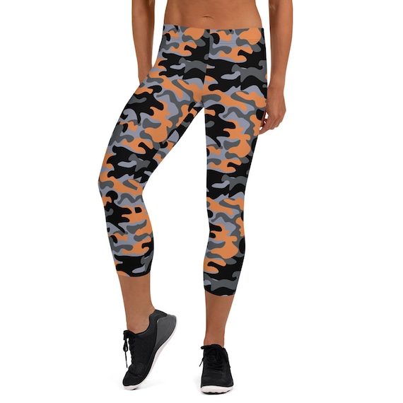 Orange Camouflage Capri Leggings for Women Army Camo Pattern Mid Waist Calf  Length Workout Pants Perfect for Running, Crossfit and Yoga 