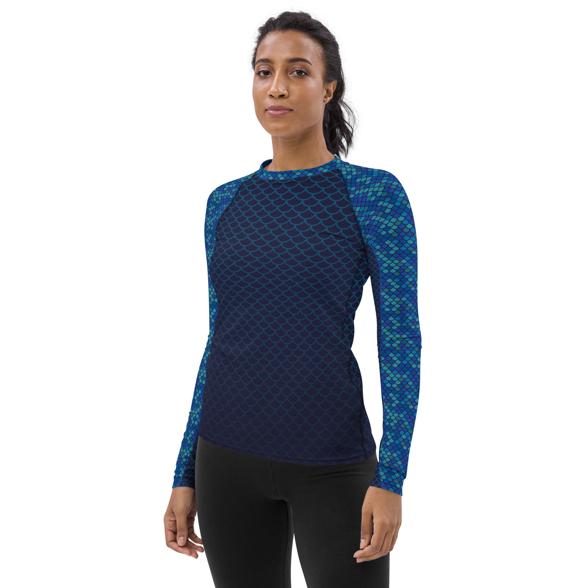 Fish Pattern Rash Guard Women's Blue Mermaid Rash Guard - Fish Scales Pattern Long Sleeve Swim ...