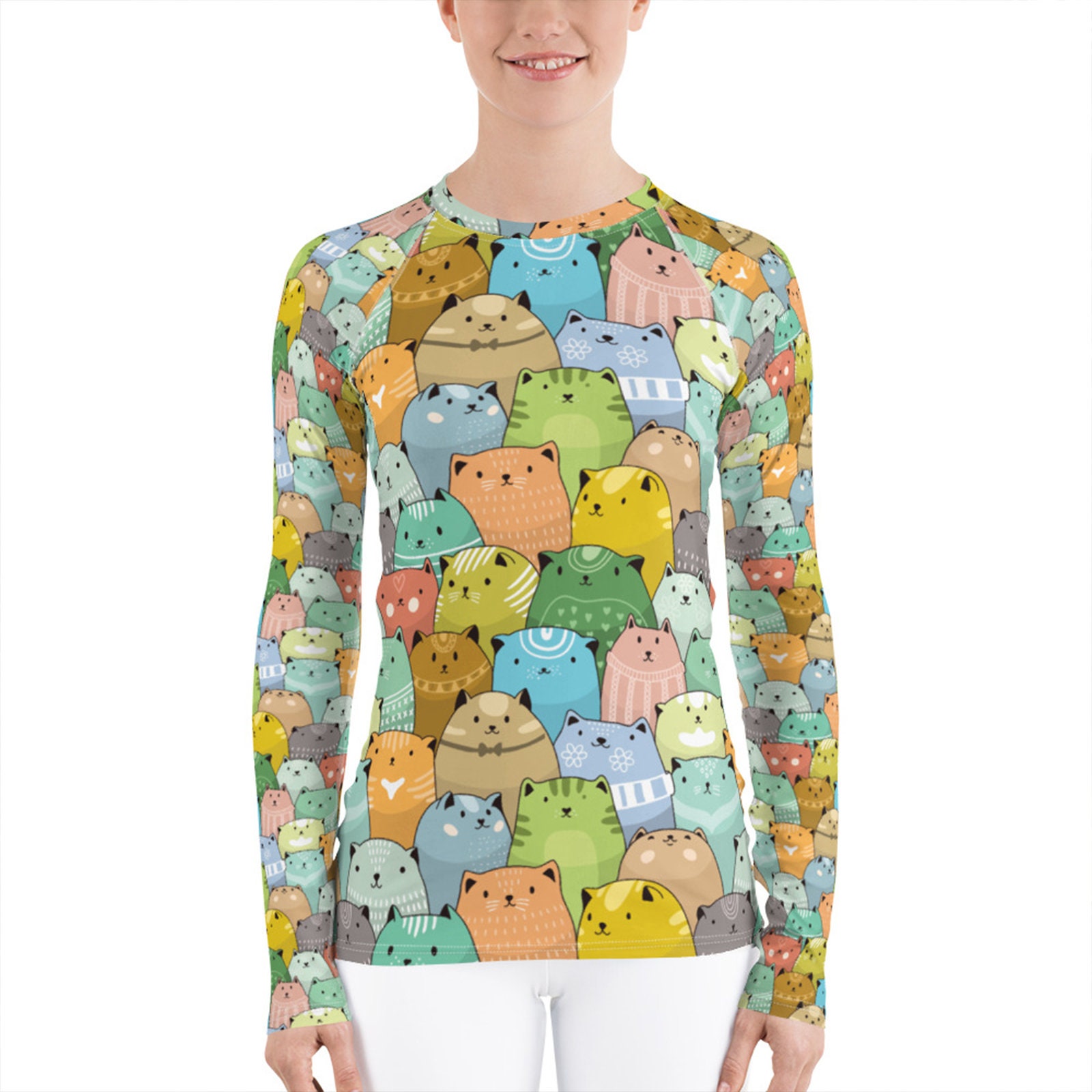 Womens Cat Rash Guard All Over Print Cute Colorful Cats Long Etsy