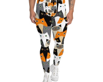Cute Green Doodle Cat Print Men's Leggings