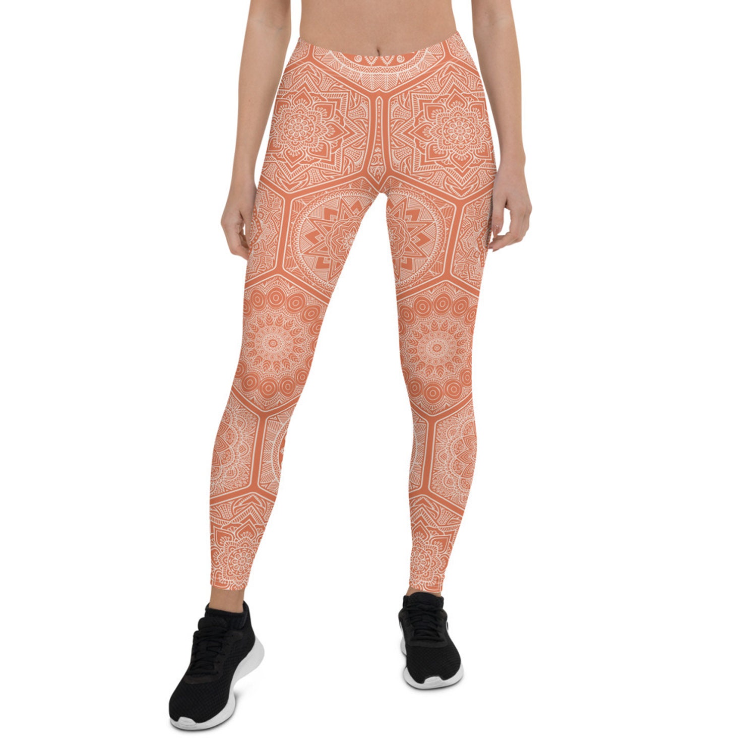 Orange Mandala Legging for Women Mid Waisted Workout Pants Floral
