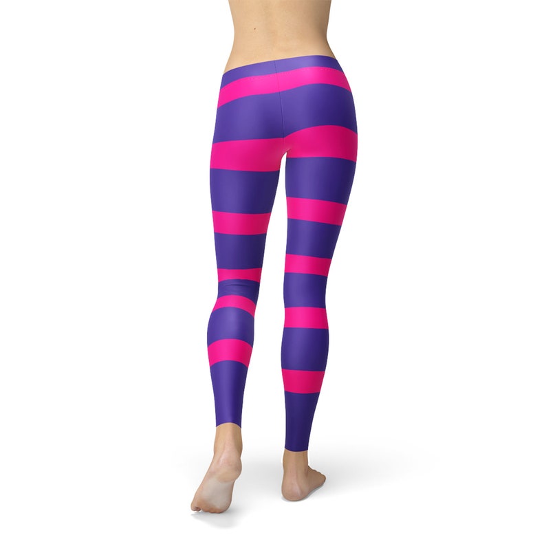 Inspired Cheshire Cat Leggings w Pink Purple Printed Stripes Perfect Cosplay Costume Leggings Pink and Purple Striped Leggings For Women