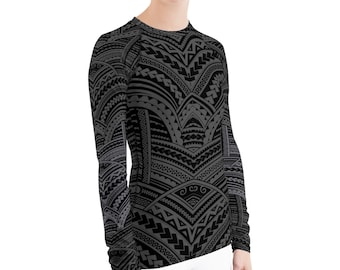 Maori Tattoo Rash Guard per donna manica lunga gunmetal grigio ispirato polinesiano Ta Moko Rashguard - Protezione solare UPF Swim Shirt per surf