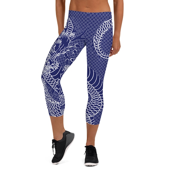 Japanese Dragon Capri Leggings for Women Navy Blue Mid Calf / Mid Waist  Womens Capris With Scales Perfect for Running, Yoga and BJJ -  Canada