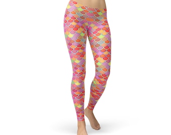 Pink Mermaid Leggings For Women - Pink Leggings With All Over Print Mermaid Scales, Perfect Sports Leggings For The Goldfish In You