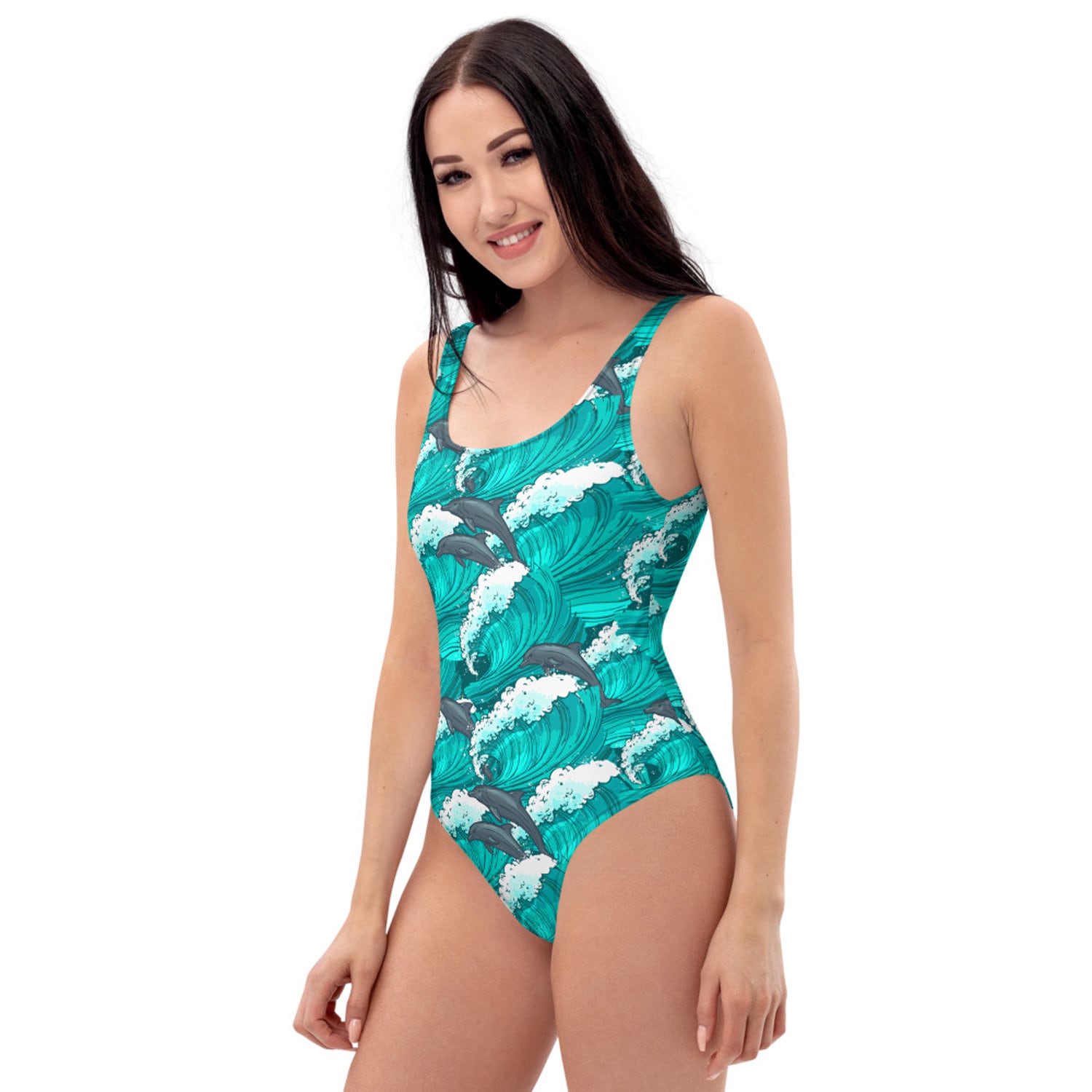 Dolphins and Waves Swimsuit One Piece Bathing Suit W/ Dolphin and