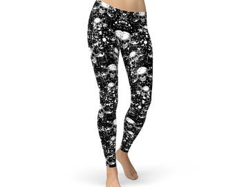 Skeleton Leggings - Black Leggings With All Over Print Skull and Crossbones, Perfect Workout Leggings For Crossfit, MMA, BJJ or Halloween