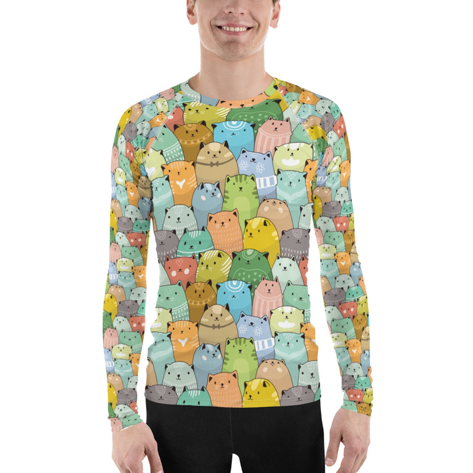 Mens Cat Rash Guard All Over Print Cute Colorful Cats Long Etsy
