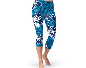Blue Hawaiian Tribal Capri Leggings - Hawaiian Print Yoga Pants, Hawaii Activewear, Hawaiian Athletic Wear, Women's Surf Capris, Surf Tights
