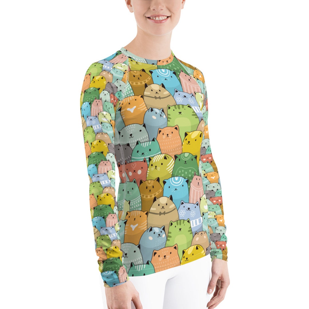 Womens Cat Rash Guard All Over Print Cute Colorful Cats Long Sleeve Rash Guard for Women Sun