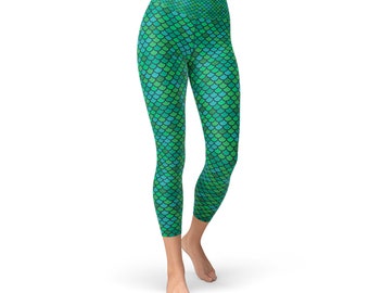 Green Mermaid Yoga Capri Leggings for Women High Waistband Printed Gym Workout Pants Mid Calf Length Non See Through Perfect For Running