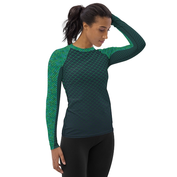 Women's Green Mermaid Rash Guard Fish Scales Pattern Long Sleeve Swim Shirt  for Women Perfect for Surfing, Swimming, Paddle Boarding 