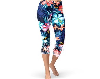 Hawaii Surf Capri Leggings - Hawaiian Hibiscus Capris, Hawaiian Print Capris, Hawaiian Print Yoga Pants, Surf Tights, Hawaii Activewear