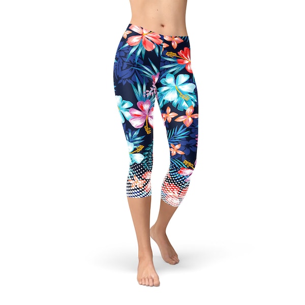 Hawaii Surf Capri Leggings - Hawaiian Hibiscus Capris, Hawaiian Print Capris, Hawaiian Print Yoga Pants, Surf Tights, Hawaii Activewear