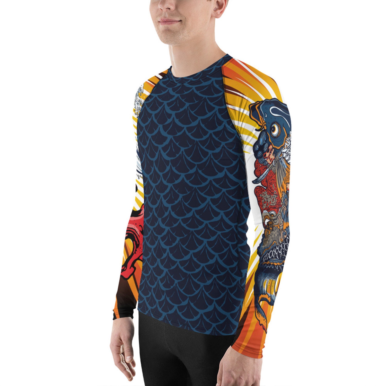 Fish Pattern Rash Guard Mens Koi Fish Scale Rash Guard – Japanese Tattoo Design, UPF 38+ Sun ...