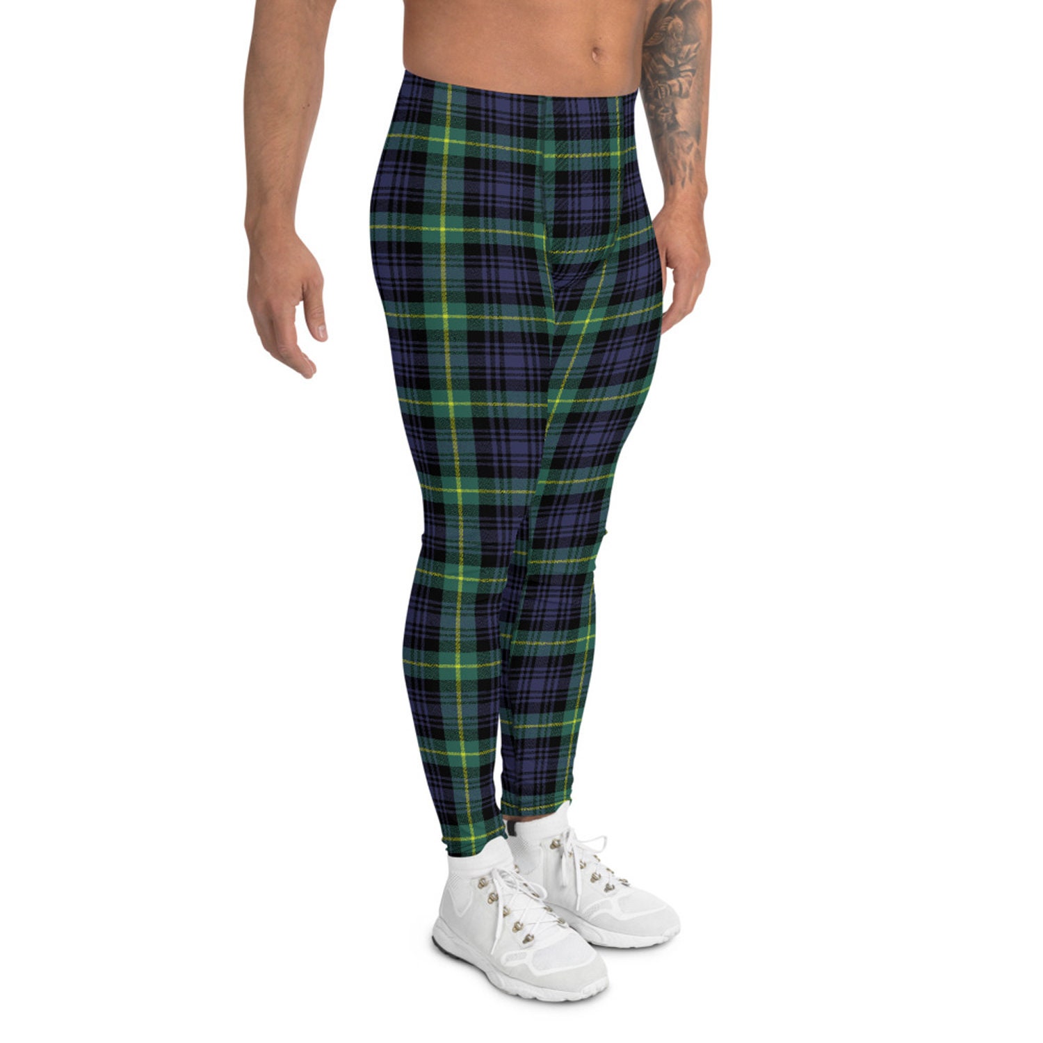 Beige Plaid Tartan Print Men's Leggings