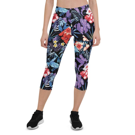 Hibiscus Flower Capri Leggings for Women Printed Womens Black Workout Pants  W/ Tropical Exotic Hawaiian Floral Pattern Print Non See Through 