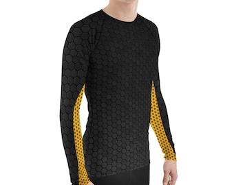 Mens Long Sleeve Rash Guard - Honeycomb Pattern Print Rashguard Sun Protection 38+ UPF Swim Shirt, Perfect Rashie For Surfing, Running, BJJ