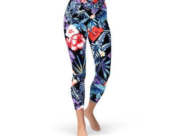 Hawaiian Hibiscus Floral Yoga Capri Leggings For Women High Waisted Mid Calf Length Printed Workout Pants with Exotic Tropical Flower Print