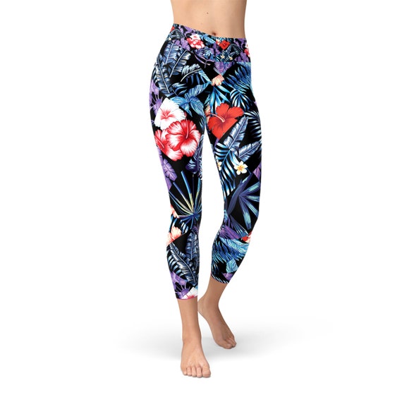 Hawaiian Hibiscus Floral Yoga Capri Leggings for Women High Waisted Mid  Calf Length Printed Workout Pants With Exotic Tropical Flower Print 