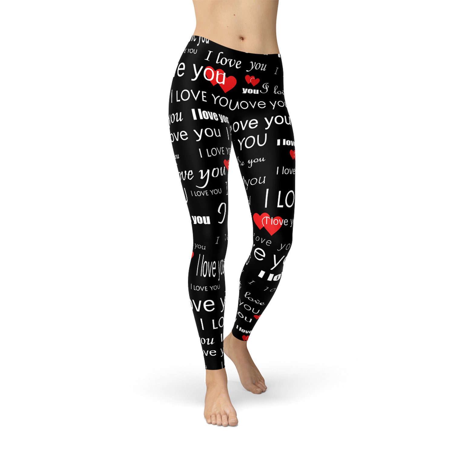 Valentines Day Leggings for Women Black Leggings Printed With I Love You  Words & Red Love Hearts Perfect Gift for Her Valentine Yoga Pants 