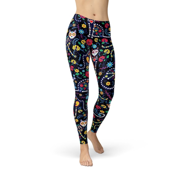 Sugar Skull Cat Leggings for Women Black Leggings W/ Day of the Dead Cat,  Perfect for the Crazy Cat Lady, Makes Great Workout Leggings 